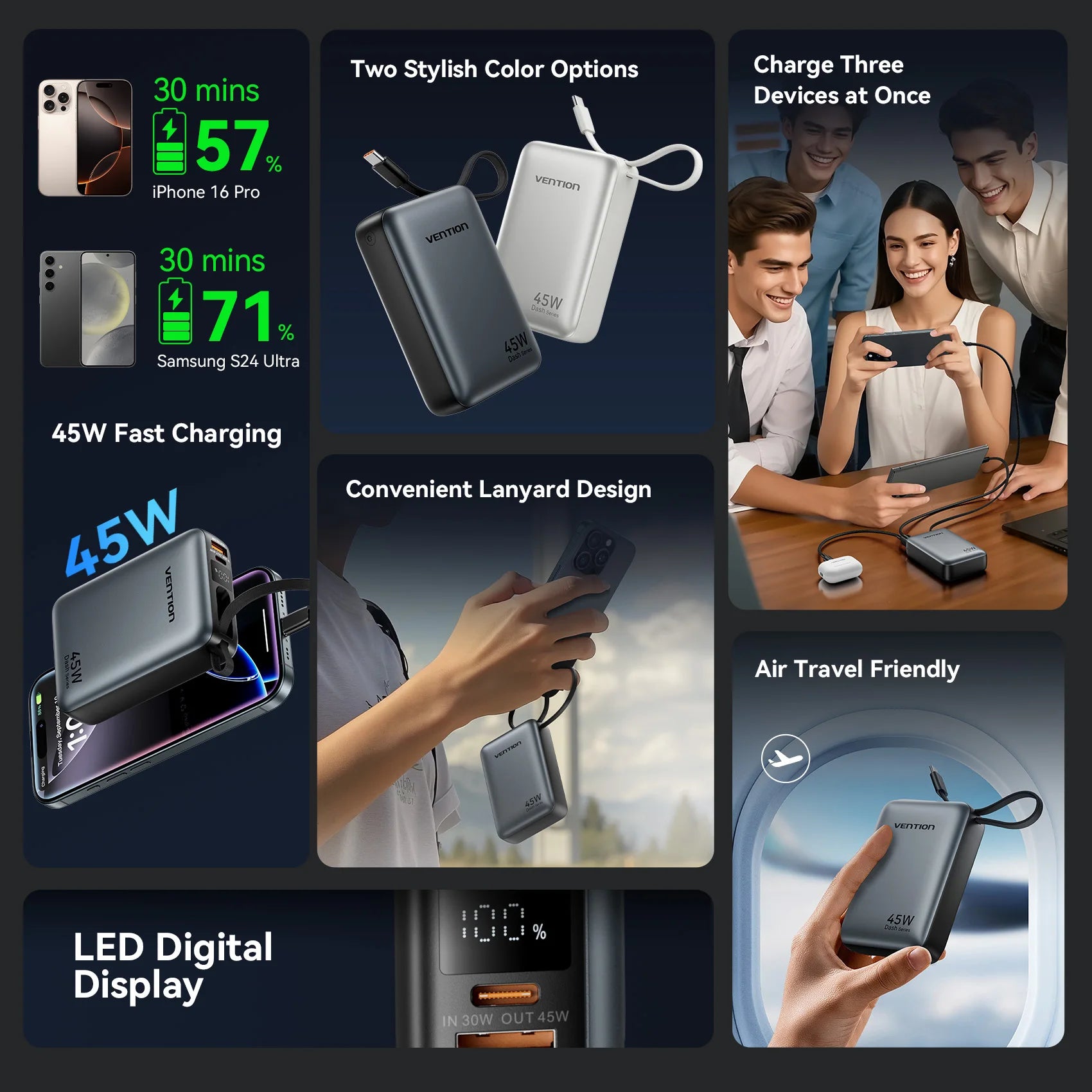 45W Fast Charging 20000mAh Portable Power Bank with Built-in Cable – Travel Battery Pack