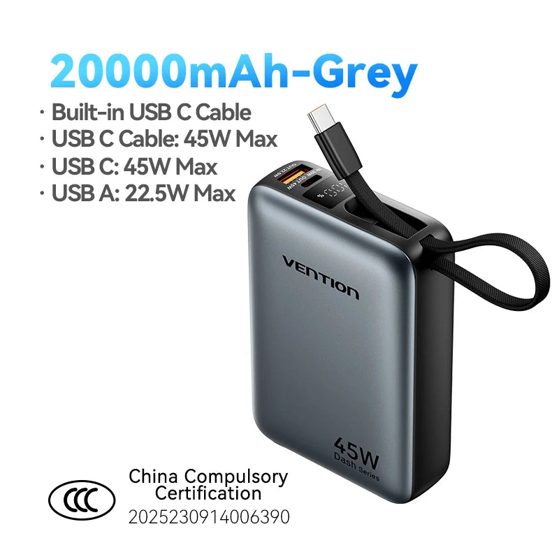 45W Fast Charging 20000mAh Portable Power Bank with Built-in Cable – Travel Battery Pack
