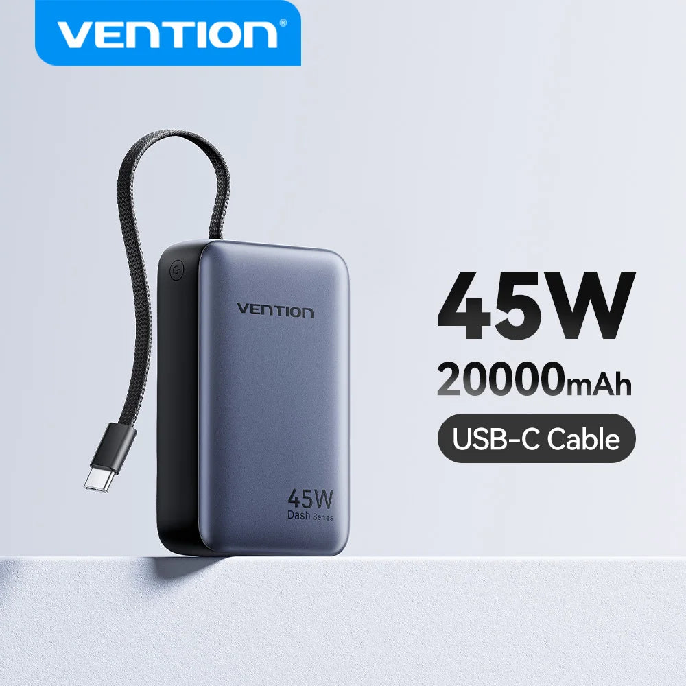 45W Fast Charging 20000mAh Portable Power Bank with Built-in Cable – Travel Battery Pack