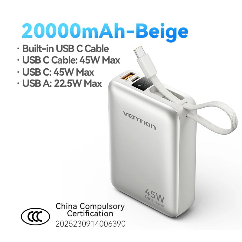 45W Fast Charging 20000mAh Portable Power Bank with Built-in Cable – Travel Battery Pack