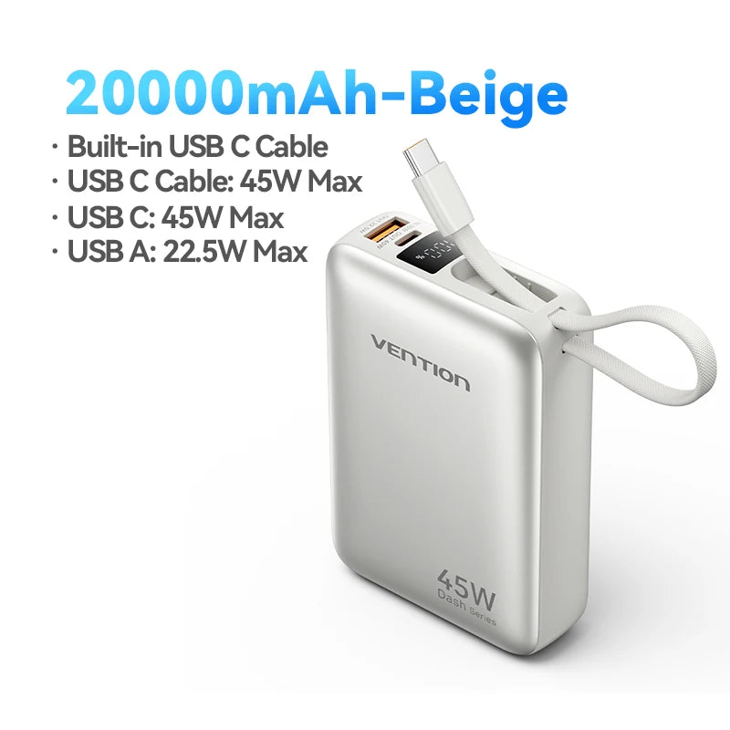 45W Fast Charging 20000mAh Portable Power Bank with Built-in Cable – Travel Battery Pack
