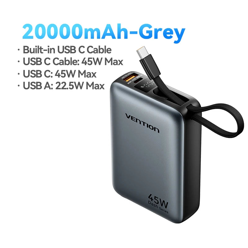 45W Fast Charging 20000mAh Portable Power Bank with Built-in Cable – Travel Battery Pack